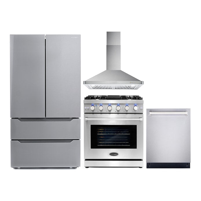 Cosmo 4 Piece Appliance Package with 30" Freestanding Gas Range 30" Wall Mount Range Hood 24" Built-in Fully Integrated Dishwasher & Energy Star French Door Refrigerator