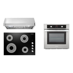 Cosmo 3 Piece Kitchen Package With 30" Electric Cooktop 30" Under Cabinet Range Hood 24" Single Electric Wall Oven
