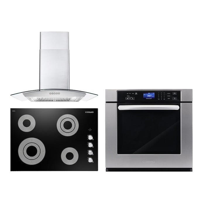 Cosmo 3 Piece Kitchen Package With 30" Electric Cooktop 30" Wall Mount Range Hood 30" Single Electric Wall Oven