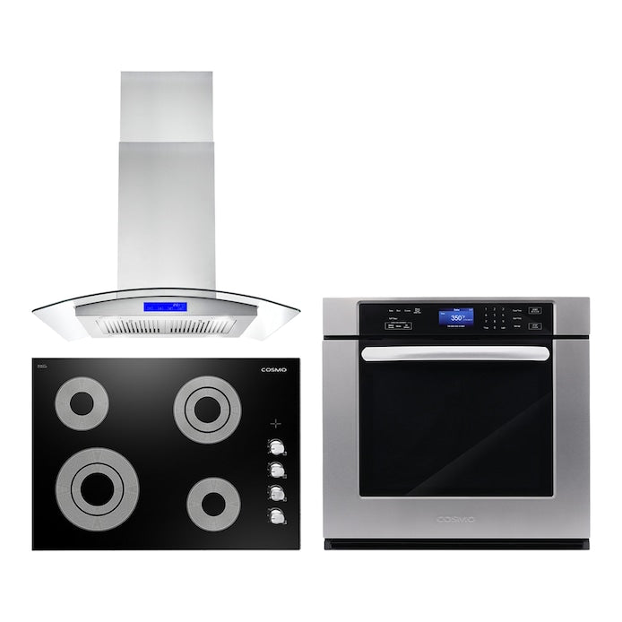 Cosmo 3 Piece Kitchen Package With 30" Electric Cooktop 30" Island Range Hood 30" Single Electric Wall Oven
