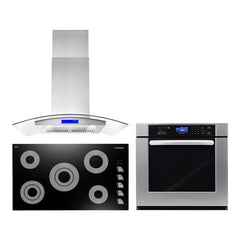 Cosmo 3 Piece Appliance Package With 30" Single Electric Wall Oven,  36" Electric Cooktop and 36"Island Range Hood