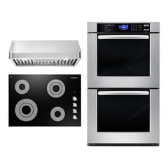 Cosmo 3 Piece Kitchen Package With 30" Electric Cooktop 30" Under Cabinet Range Hood 30" Double Electric Wall Oven