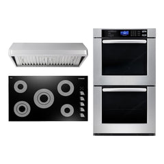 Cosmo 3 Piece Kitchen Package With 36" Electric Cooktop 36" Under Cabinet Range Hood 30" Double Electric Wall Oven