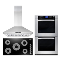 Cosmo 3 Piece Kitchen Package With 36" Electric Cooktop 36" Island Range Hood 30" Double Electric Wall Oven