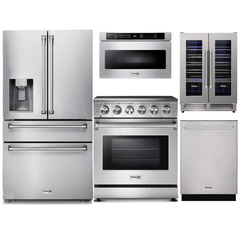 Thor Kitchen 5-Piece Appliance Package - 30-Inch Electric Range, Refrigerator with Water Dispenser, Dishwasher, Microwave Drawer, & Wine Cooler in Stainless Steel
