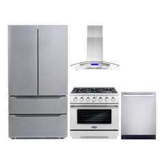 Cosmo 4 Piece Kitchen Package with 36" Freestanding Gas Range 36" Island Range Hood 24" Built-in Fully Integrated Dishwasher & Energy Star French Door Refrigerator