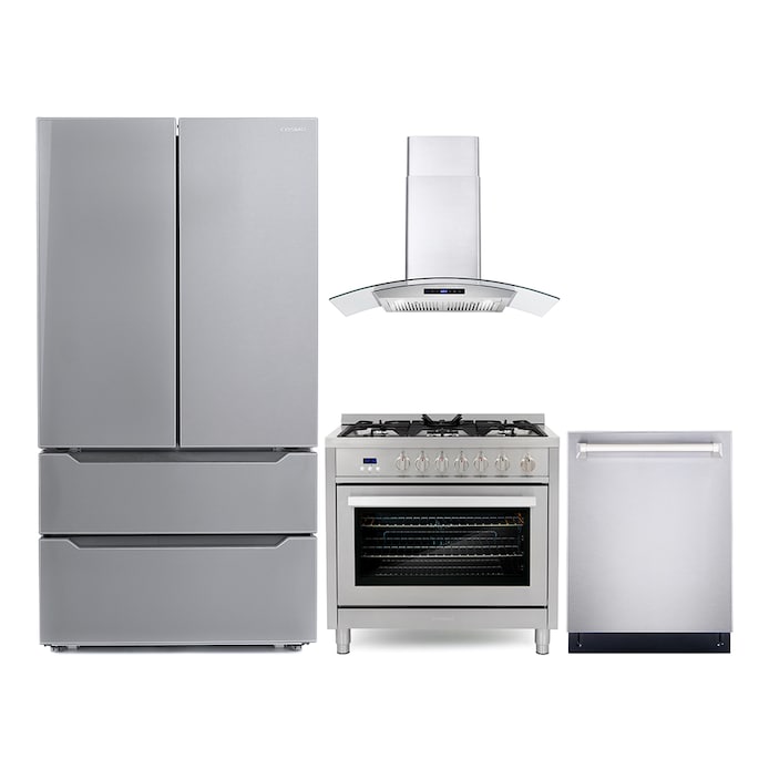 Cosmo Cosmo 4 Piece Kitchen Appliance Packages with 36" Freestanding Gas Range 36" Wall Mount Range Hood 24" Built-in Integrated Dishwasher & French Door