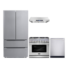 Cosmo 4 Piece Kitchen Package with 30" Freestanding Gas Range 30" Under Cabinet Range Hood 24" Built-in Fully Integrated Dishwasher & Energy Star French Door Refrigerator