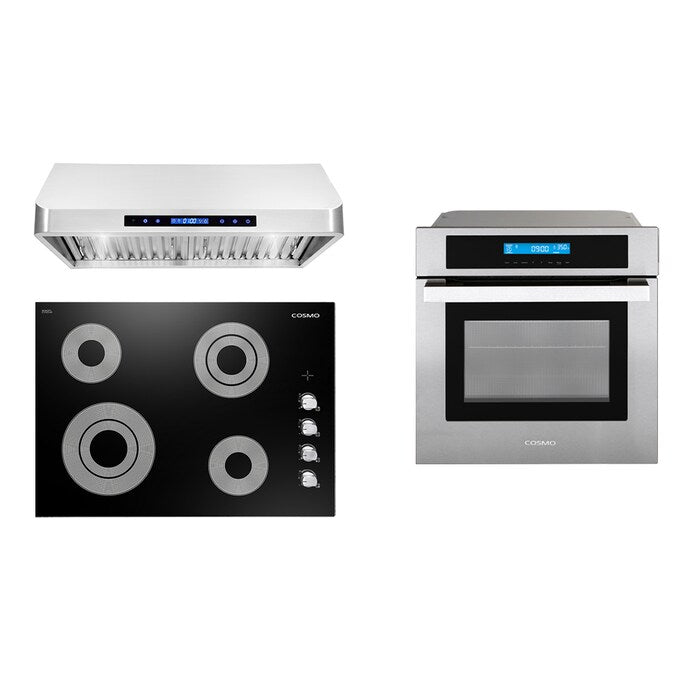 Cosmo 3 Piece Kitchen Package With 30" Electric Cooktop 30" Under Cabinet Range Hood 30" Single Electric Wall Oven