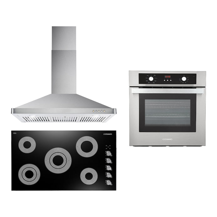 Cosmo 3 Piece Kitchen Package With 36" Electric Cooktop 36" Wall Mount Range Hood 24" Single Electric Wall Oven