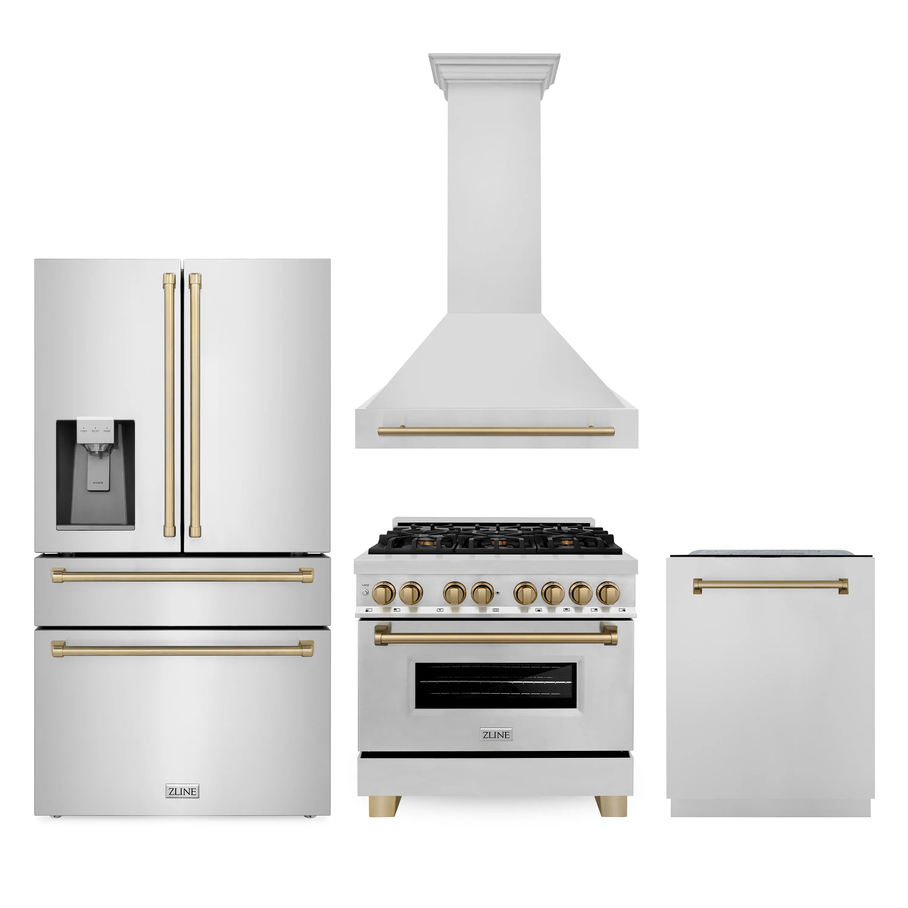 ZLINE 36" Autograph Edition Kitchen Package with Stainless Steel Dual Fuel Range, Range Hood, Dishwasher and Refrigeration with Champagne Bronze Accents (4AKPR-RARHDWM36-CB)