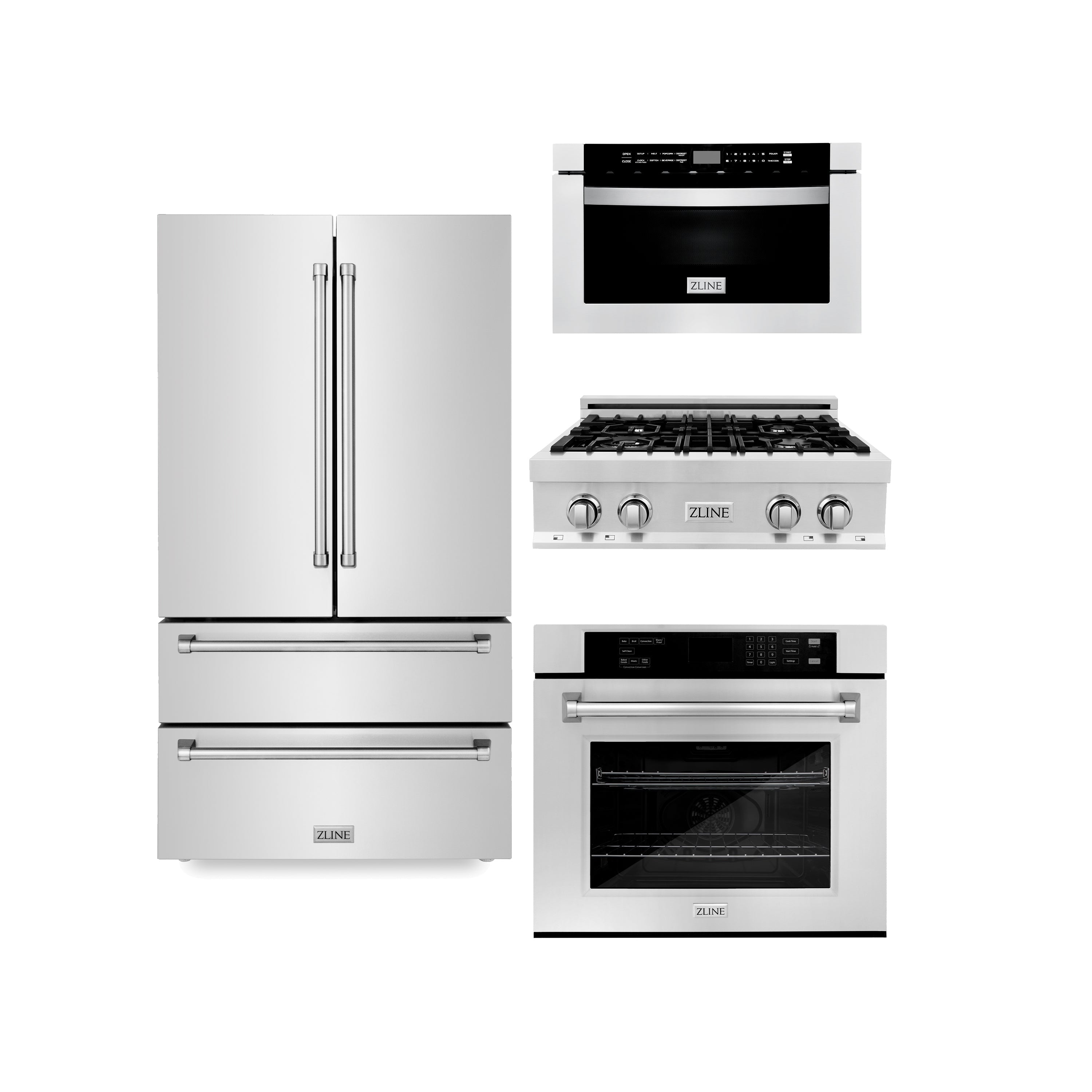 ZLINE Kitchen Package with Refrigeration, 30" Stainless Steel Rangetop and 30" Single Wall Oven - 4KPR-RT30-MWAWS