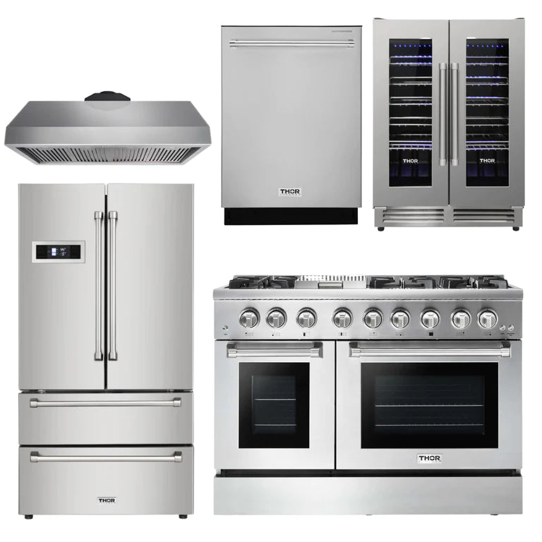 Thor Kitchen 5-Piece Pro Appliance Package - 48" Dual Fuel Range, Under Cabinet Hood, French Door Refrigerator, Dishwasher, and Wine Cooler in Stainless Steel