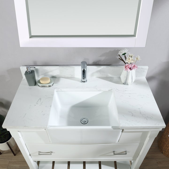 Altair Georgia 42" Single Bathroom Vanity Set in White and Composite Carrara White Stone Top with White Farmhouse Basin