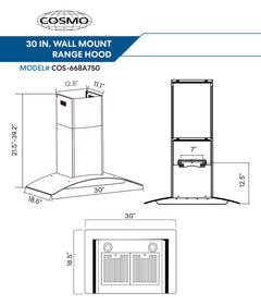Cosmo 30" 380 CFM Ductless Wall Mount Glass Canopy Range Hood with Push Button Controls Range Hood with Carbon Filters and LED Lighting - COS-668A750-DL
