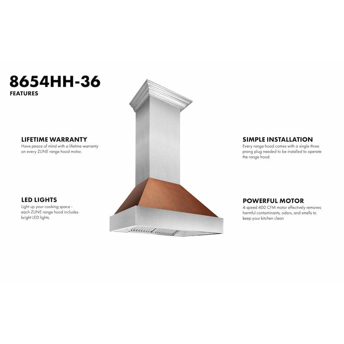ZLINE Ducted DuraSnow® Stainless Steel Range Hood with Hand-Hammered Copper Shell - 8654HH
