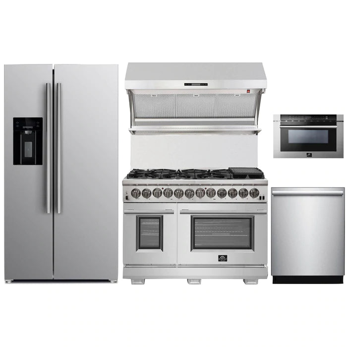 Forno 5-Piece Pro Appliance Package - 48" Dual Fuel Range, 36" Refrigerator with Water Dispenser, Wall Mount Hood with Backsplash, Microwave Drawer, & 3-Rack Dishwasher in Stainless Steel