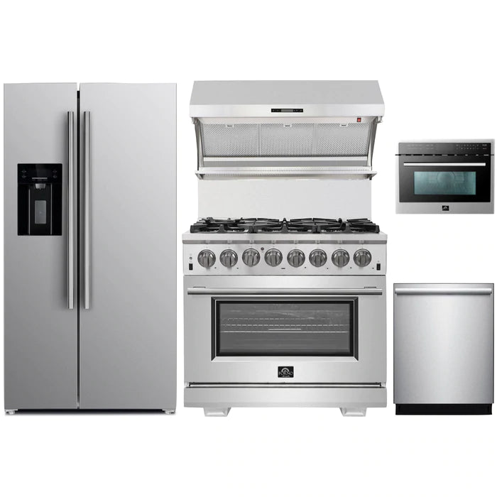 Forno 5-Piece Pro Appliance Package - 36" Dual Fuel Range, 36" Refrigerator with Water Dispenser, Wall Mount Hood with Backsplash, Microwave Oven, & 3-Rack Dishwasher in Stainless Steel