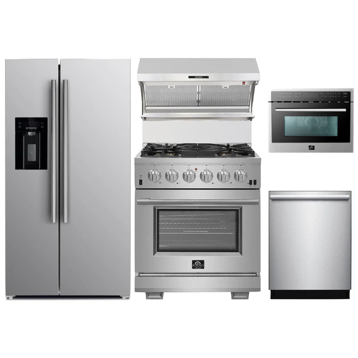 Forno 5-Piece Pro Appliance Package - 30" Gas Range, 36" Refrigerator with Water Dispenser, Wall Mount Hood with Backsplash, Microwave Oven, & 3-Rack Dishwasher in Stainless Steel