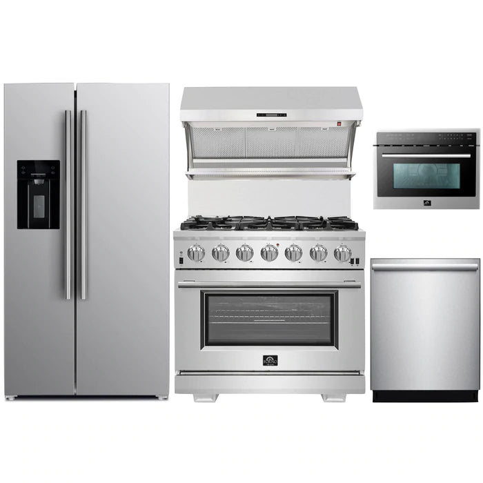 Forno 5-Piece Pro Appliance Package - 36" Gas Range, 36" Refrigerator with Water Dispenser, Wall Mount Hood with Backsplash, Microwave Oven, & 3-Rack Dishwasher in Stainless Steel