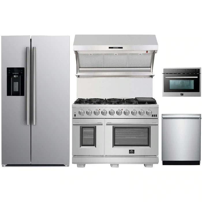 Forno 5-Piece Pro Appliance Package - 48" Gas Range, 36" Refrigerator with Water Dispenser, Wall Mount Hood with Backsplash, Microwave Oven, & 3-Rack Dishwasher in Stainless Steel