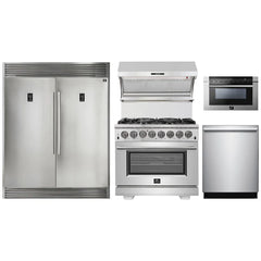 Forno 5-Piece Pro Appliance Package - 36" Dual Fuel Range, 56" Pro-Style Refrigerator, Wall Mount Hood with Backsplash, Microwave Drawer, & 3-Rack Dishwasher in Stainless Steel