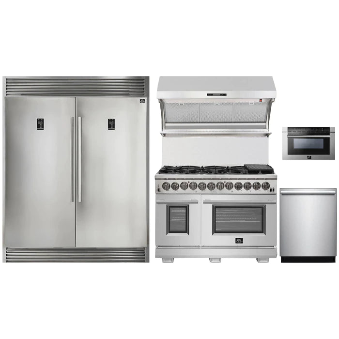 Forno 5-Piece Pro Appliance Package - 48" Dual Fuel Range, 56" Pro-Style Refrigerator, Wall Mount Hood with Backsplash, Microwave Drawer, & 3-Rack Dishwasher in Stainless Steel