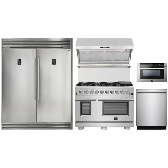 Forno 5-Piece Pro Appliance Package - 48" Gas Range, 56" Pro-Style Refrigerator, Wall Mount Hood with Backsplash, Microwave Drawer, & 3-Rack Dishwasher in Stainless Steel
