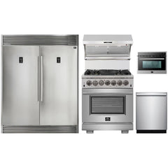 Forno 5-Piece Pro Appliance Package - 30" Dual Fuel Range, 56" Pro-Style Refrigerator, Wall Mount Hood with Backsplash, Microwave Oven, & 3-Rack Dishwasher in Stainless Steel