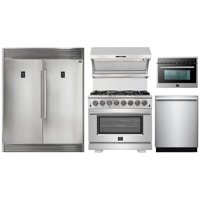 Forno 5-Piece Pro Appliance Package - 36" Dual Fuel Range, 56" Pro-Style Refrigerator, Wall Mount Hood with Backsplash, Microwave Oven, & 3-Rack Dishwasher in Stainless Steel