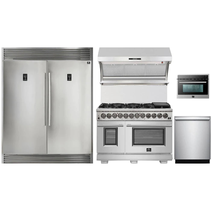 Forno 5-Piece Pro Appliance Package - 48" Dual Fuel Range, 56" Pro-Style Refrigerator, Wall Mount Hood with Backsplash, Microwave Oven, & 3-Rack Dishwasher in Stainless Steel