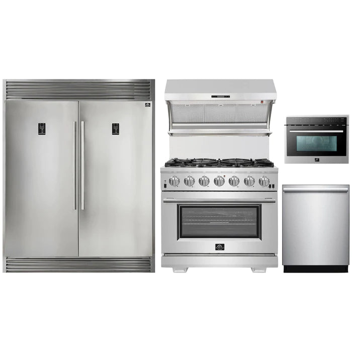 Forno 5-Piece Pro Appliance Package - 36" Gas Range, 56" Pro-Style Refrigerator, Wall Mount Hood with Backsplash, Microwave Oven, & 3-Rack Dishwasher in Stainless Steel