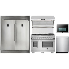 Forno 5-Piece Pro Appliance Package - 48" Gas Range, 56" Pro-Style Refrigerator, Wall Mount Hood with Backsplash, Microwave Oven, & 3-Rack Dishwasher in Stainless Steel