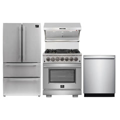 Forno 4-Piece Pro Appliance Package - 30" Dual Fuel Range, Premium Hood, French Door Refrigerator, and Dishwasher in Stainless Steel