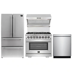 Forno 4-Piece Pro Appliance Package - 36" Dual Fuel Range, French Door Refrigerator, Wall Mount Hood with Backsplash, and Dishwasher in Stainless Steel