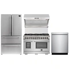 Forno 4-Piece Pro Appliance Package - 48" Dual Fuel Range, 36" French Door Refrigerator, Wall Mount Hood with Backsplash, & Dishwasher in Stainless Steel