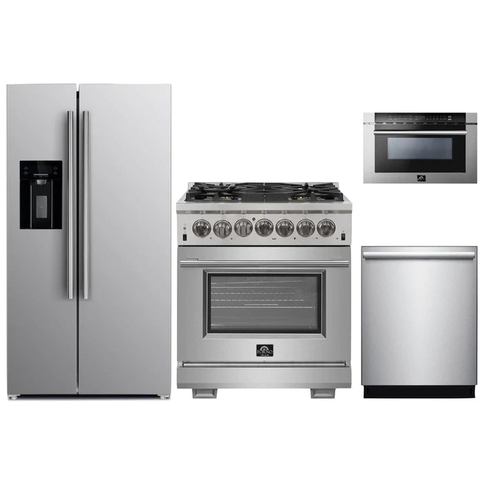 Forno 4-Piece Pro Appliance Package - 30" Gas Range, 36" Refrigerator with Water Dispenser, Microwave Drawer, & 3-Rack Dishwasher in Stainless Steel