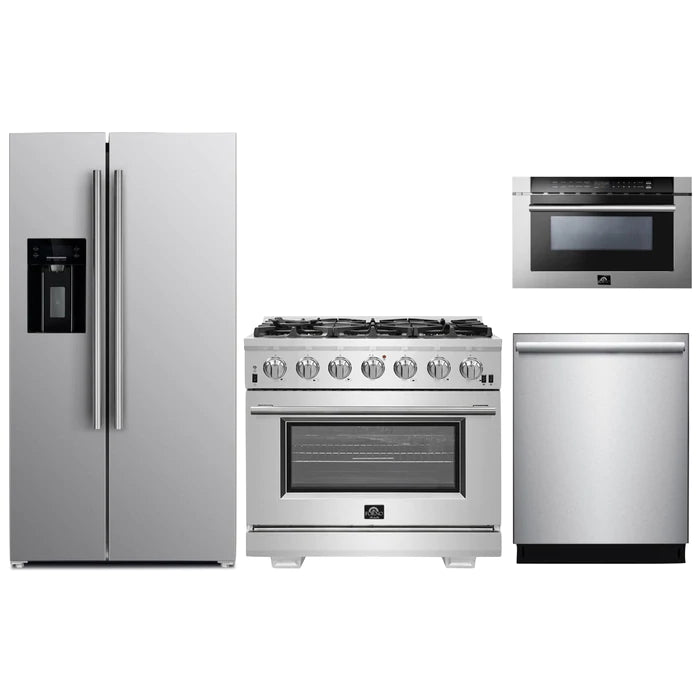Forno 4-Piece Pro Appliance Package - 36" Gas Range, 36" Refrigerator with Water Dispenser, Microwave Drawer, & 3-Rack Dishwasher in Stainless Steel