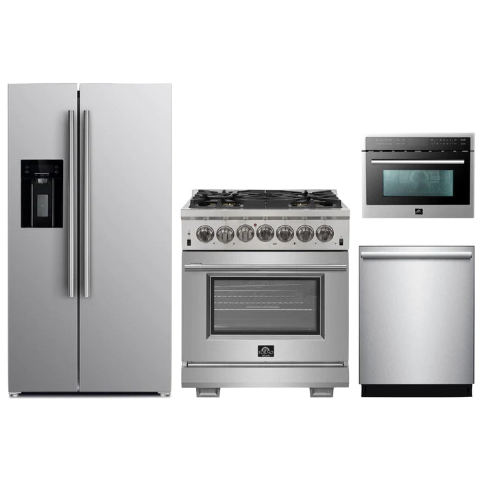 Forno 4-Piece Pro Appliance Package - 30" Gas Range, 36" Refrigerator with Water Dispenser, Microwave Oven, & 3-Rack Dishwasher in Stainless Steel
