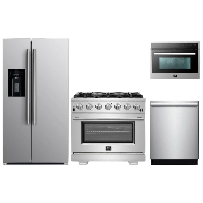 Forno 5-Piece Pro Appliance Package - 36" Gas Range, 36" Refrigerator with Water Dispenser, 36" Wall Mount Hood,  Microwave Oven, & 3-Rack Dishwasher in Stainless Steel