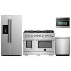 Forno 4-Piece Pro Appliance Package - 48" Gas Range, 36" Refrigerator with Water Dispenser, Microwave Oven, & 3-Rack Dishwasher in Stainless Steel