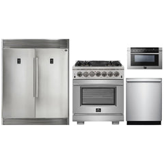 Forno 4-Piece Pro Appliance Package - 30" Dual Fuel Range, 56" Pro-Style Refrigerator, Microwave Drawer, & 3-Rack Dishwasher in Stainless Steel