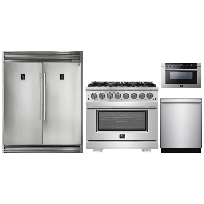 Forno 4-Piece Pro Appliance Package - 36" Dual Fuel Range, 36" Refrigerator with Water Dispenser, Microwave Drawer, & 3-Rack Dishwasher in Stainless Steel