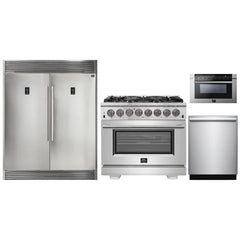 Forno 4-Piece Pro Appliance Package - 36" Dual Fuel Range, 56" Pro-Style Refrigerator, Microwave Drawer, & 3-Rack Dishwasher in Stainless Steel