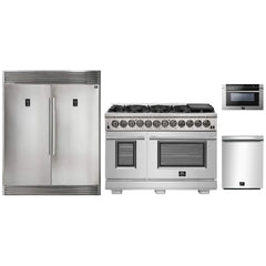 Forno 4-Piece Pro Appliance Package - 48" Dual Fuel Range, 56" Pro-Style Refrigerator, Microwave Drawer, & 3-Rack Dishwasher in Stainless Steel