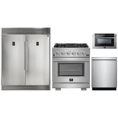 Forno 4-Piece Pro Appliance Package - 30" Gas Range, 56" Pro-Style Refrigerator, Microwave Drawer, & 3-Rack Dishwasher in Stainless Steel