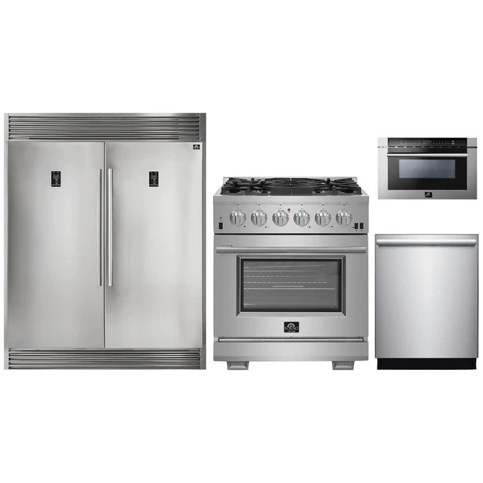 Forno 4-Piece Pro Appliance Package - 30" Gas Range, 56" Pro-Style Refrigerator, Microwave Oven, & 3-Rack Dishwasher in Stainless Steel