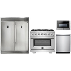 Forno 4-Piece Pro Appliance Package - 36" Gas Range, 56" Pro-Style Refrigerator, Microwave Drawer, & 3-Rack Dishwasher in Stainless Steel