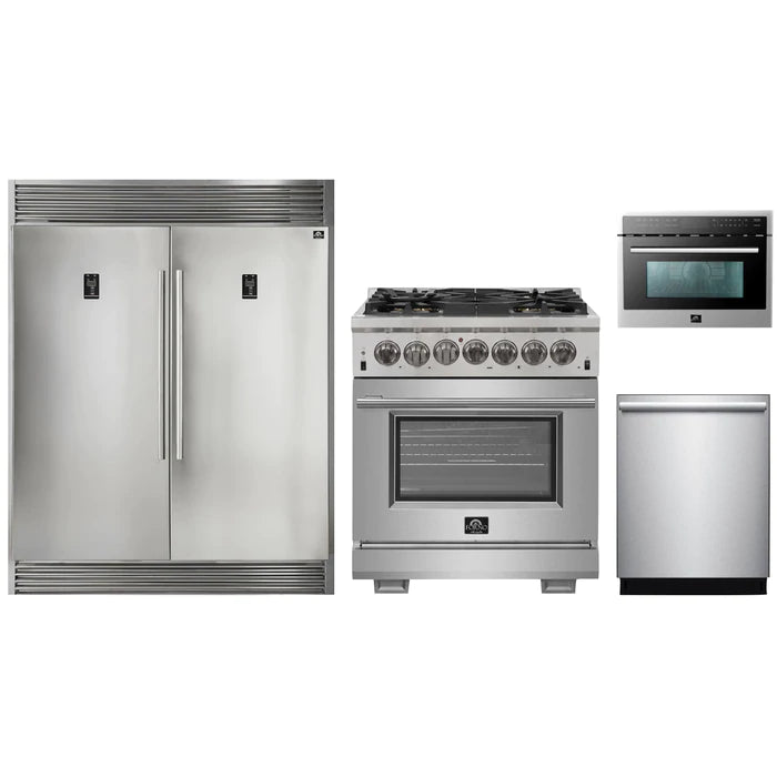 Forno 4-Piece Pro Appliance Package - 30" Dual Fuel Range, 56" Pro-Style Refrigerator, Microwave Oven, & 3-Rack Dishwasher in Stainless Steel