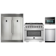 Forno 4-Piece Pro Appliance Package - 36" Dual Fuel Range, 56" Pro-Style Refrigerator, Microwave Oven, & 3-Rack Dishwasher in Stainless Steel